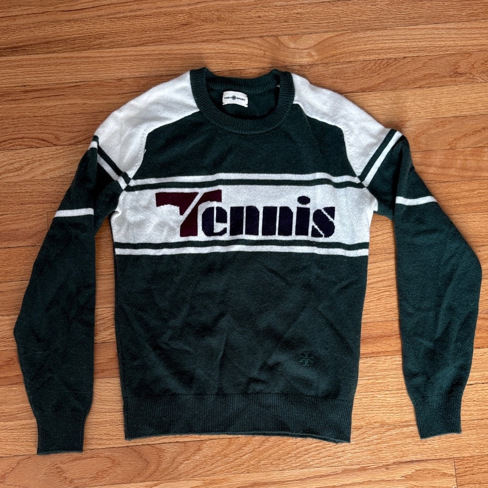 Tory Burch Sport Green and White Cashmere Tennis Sweater